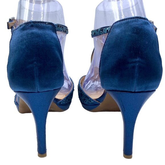 Alex Marie T-Strap Beaded Peep-Toe Dressy Heels Black Tie Fabric 7.5 Navy Blue - Picture 8 of 14